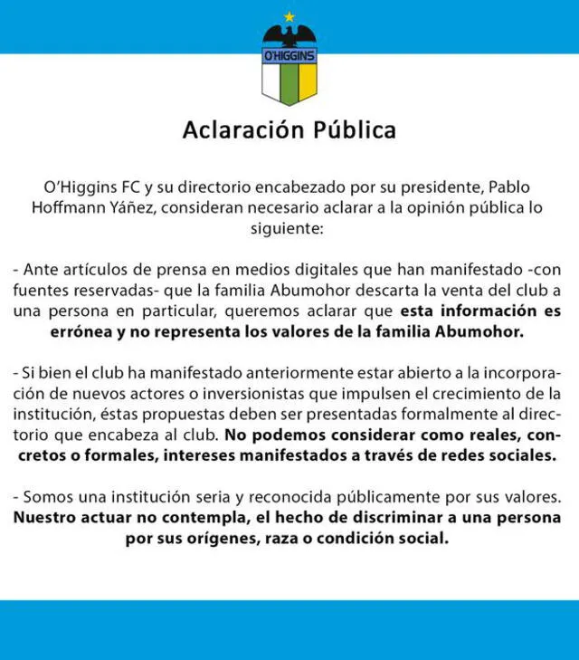 Pronunciamiento de club chileno tras propuesta modelo. Foto: Twitter / OHiggins