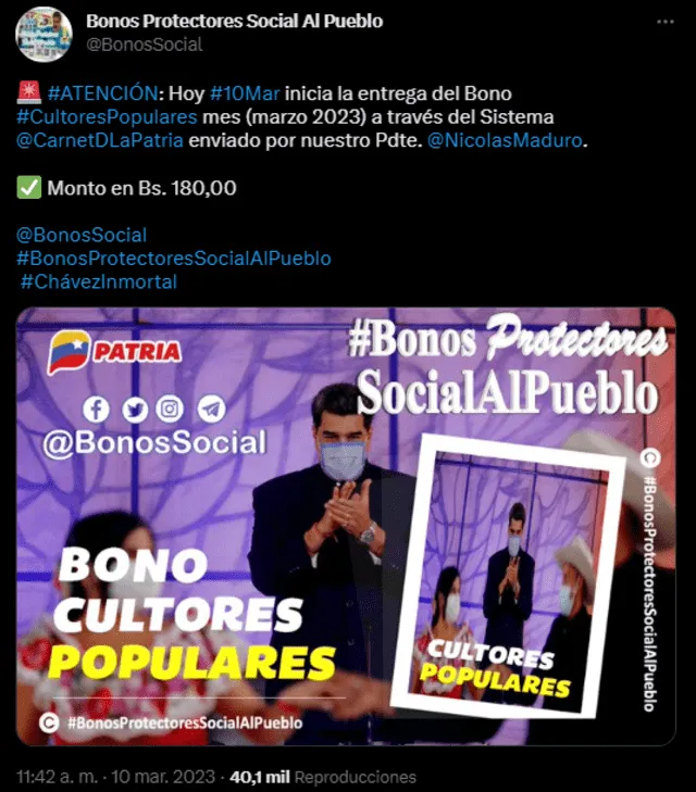 Monto oficial del Bono Cultores Pppulares 2023. Foto: Bonos Protectores Social Al Pueblo