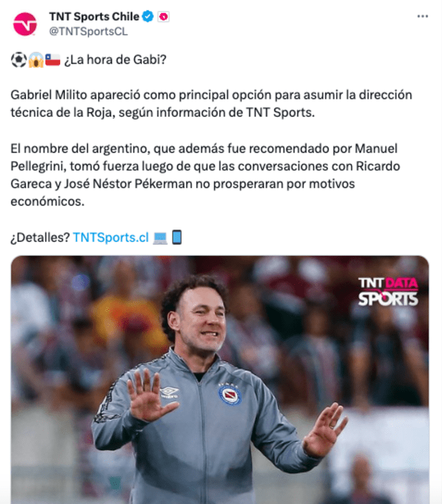TNT Sports sobre las chances de Gabriel Milito en Chile. Foto: TNT Sports.   