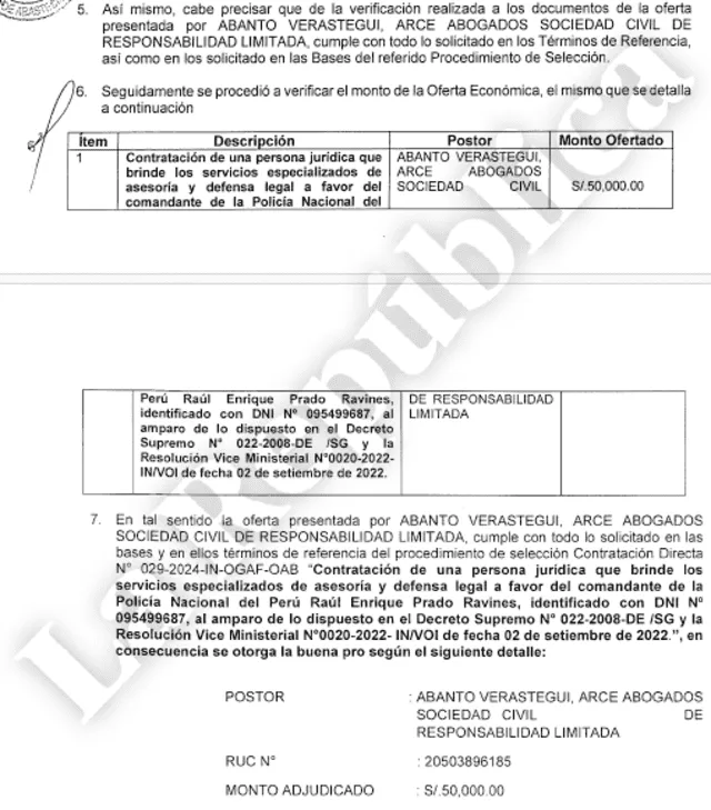  Documento de otorgamiento de buena pro que ganó estudio de abogados que asumirá la defensa legal de Raúl Prado Ravines. Foto: La República   