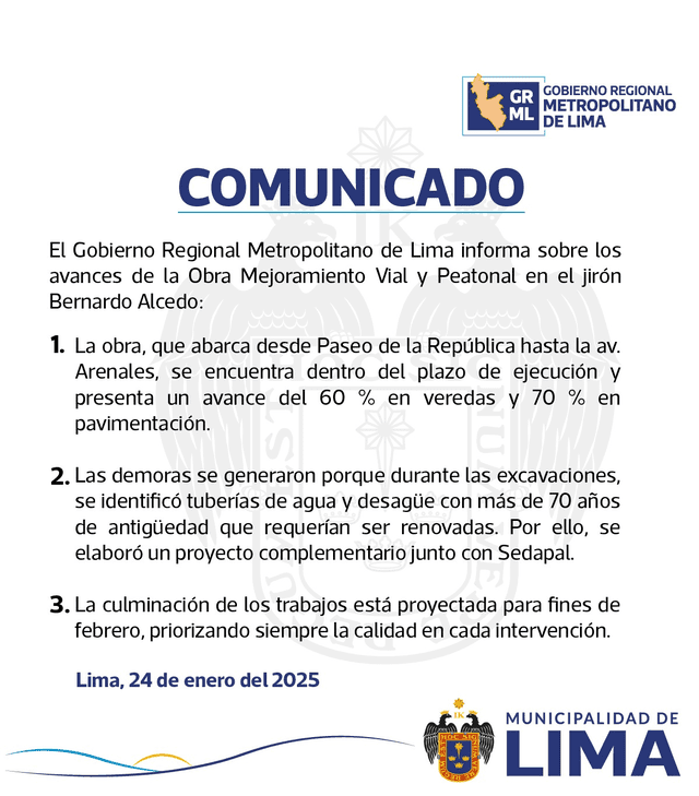 Comunicado de Gobierno Regional Metropolitano de Lima sobre renovación de jirón Bernardo Alcedo