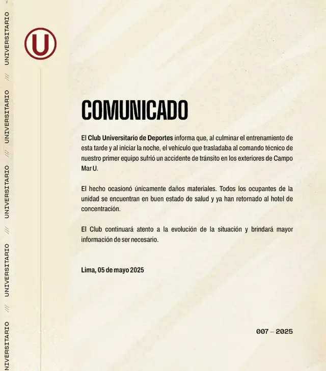 Comunicado de Universitario sobre el accidente que tuvo Jorge Fossati. Foto: Universitario 