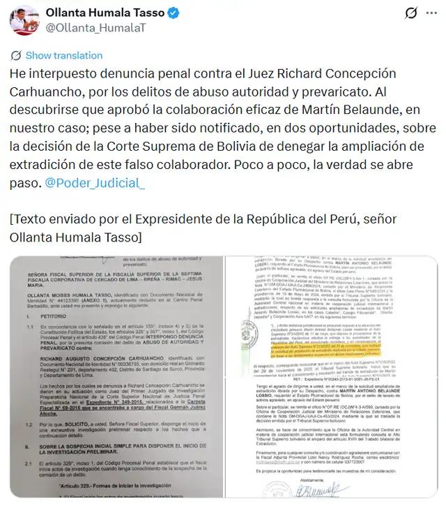 Desde la cuenta de X de Ollanta Humala. Desde la cuenta de X de Ollanta Humala.