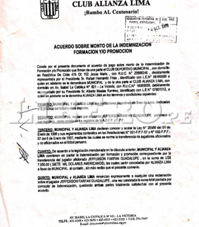 Contrato de Alianza Lima por Jefferson Farfán. Fuente: Líbero