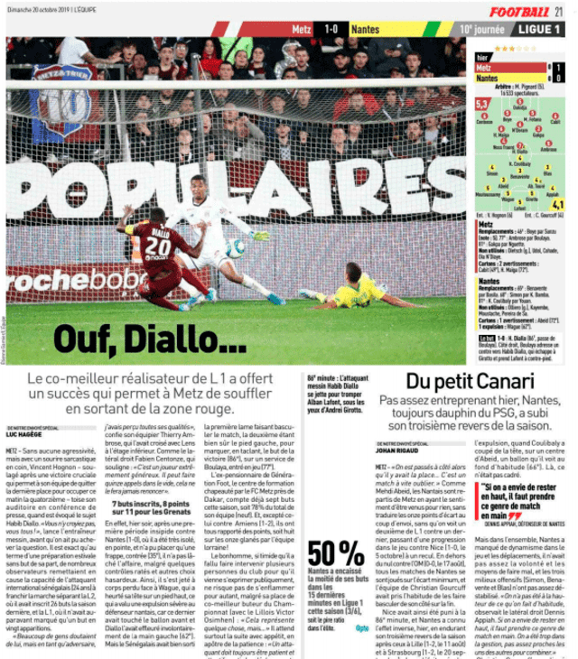 Cristian Benavente fue blanco de críticas por la prensa francesa tras derrota de Nantes ante Metz en la Ligue 1