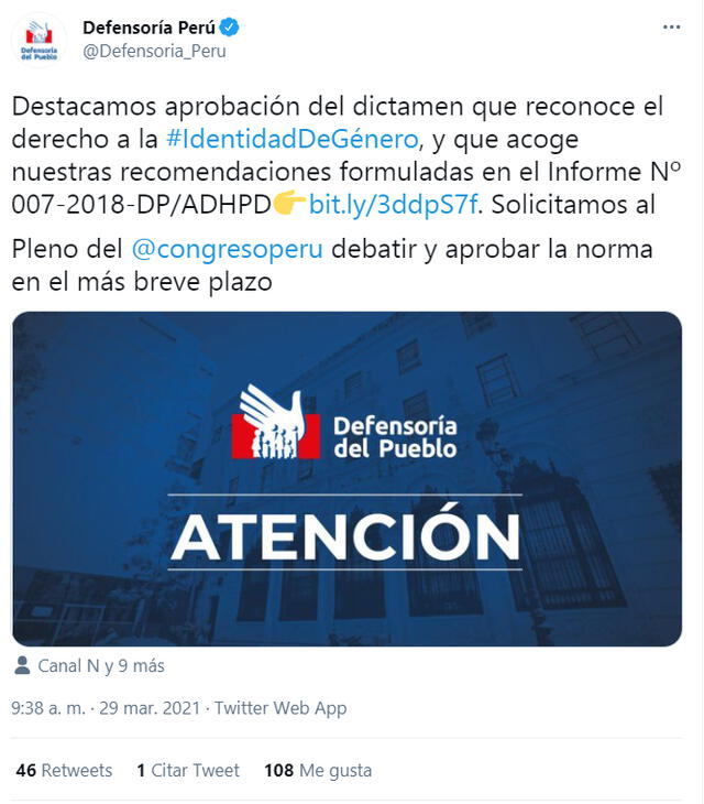 Defensoría se pronuncia tras aprobación dictamen de la Identidad de Género. Foto: Defensoría/ Twitter