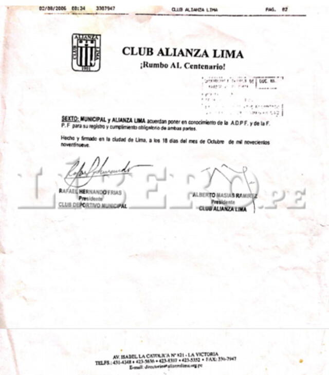 Contrato de Alianza Lima por Jefferson Farfán. Fuente: Líbero