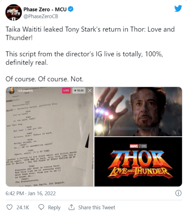 Iron Man regresaría a Thor: love and thunder. Foto: Twitter/@PhaseZeroCB