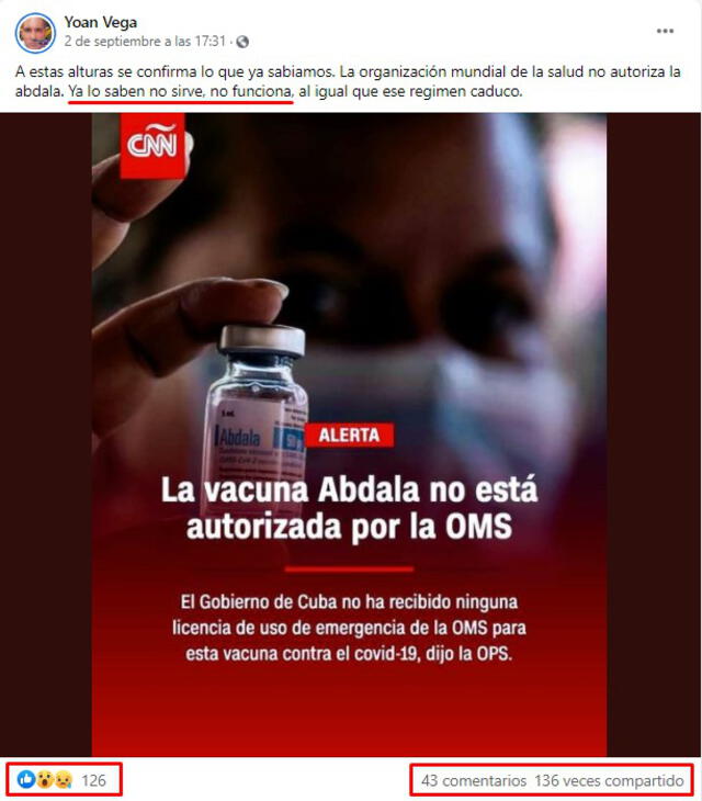 Publicación que afirma que la vacuna Abdala no sirve porque no ha sido autorizada por la OMS. FOTO: Captura de Facebook