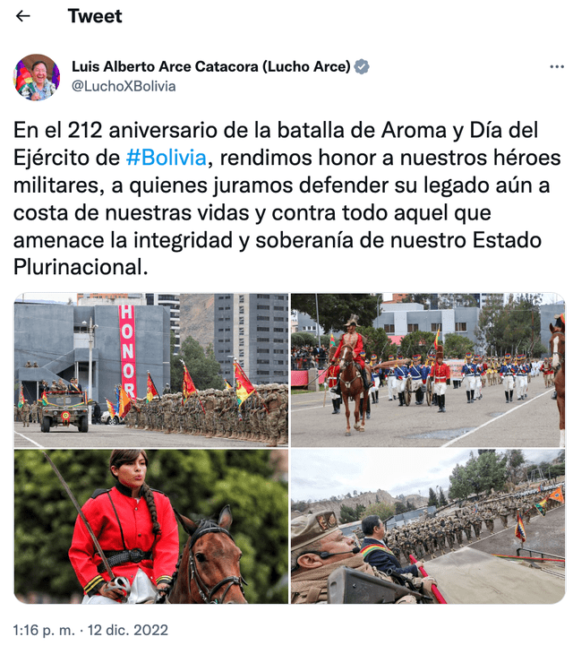 Publicación en Twitter del exmandatario boliviano Luis Arce. Foto: captura LR/Twitter.