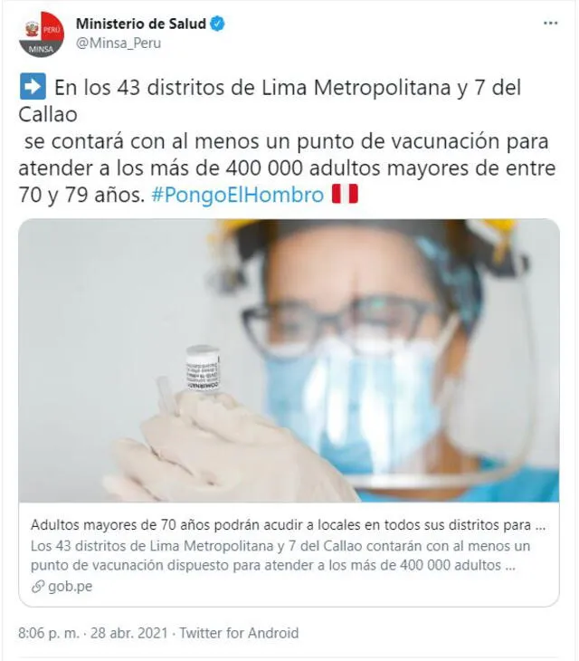 Vacunación en 50 distritos de Lima. Foto: captura de Twitter/Minsa