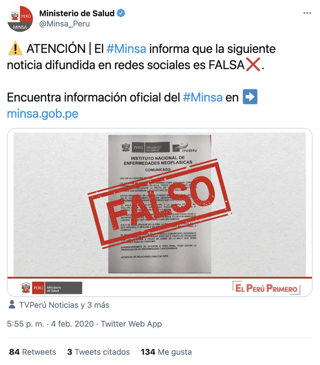 Foto: captura en Twitter / @Minsa_Peru Foto: captura en Twitter / @Minsa_Peru