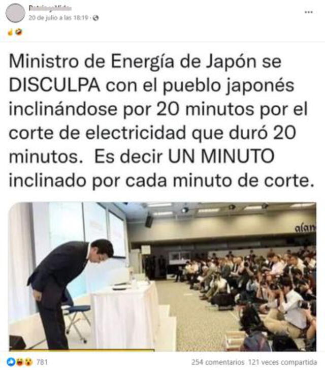 La publicación señala que supuestamente un ministro de Energía de Japón se inclinó “por 20 minutos” para disculparse por un corte de electricidad. Foto: captura en Facebook.