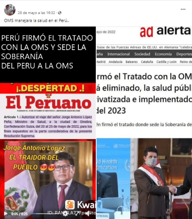 Publicación donde se afirma que el gobierno del Perú hizo un acuerdo con la OMS. Fuente: Captura LR, Facebook.