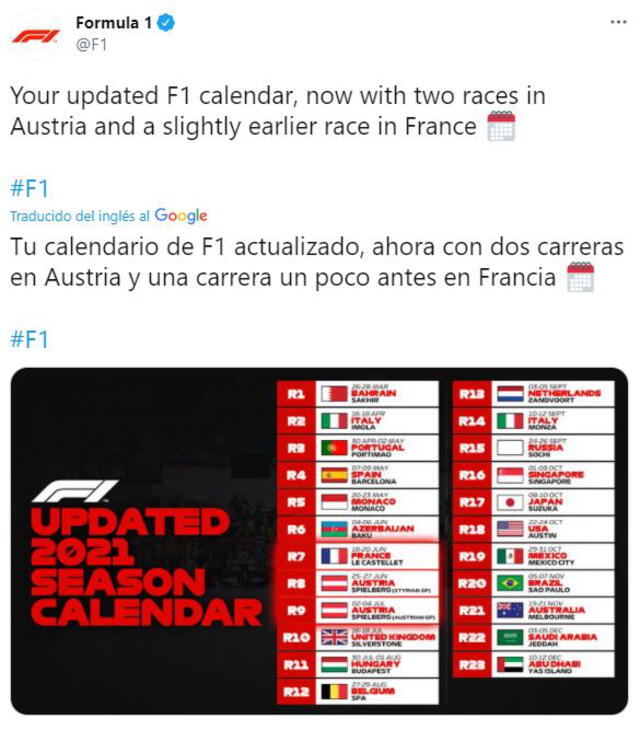 La Formula 1 actualizó su calendario para el circuito 2021.