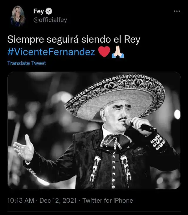 Famosos reaccionan a la muerte de Vicente Fernández. Foto: Fey/ Twitter