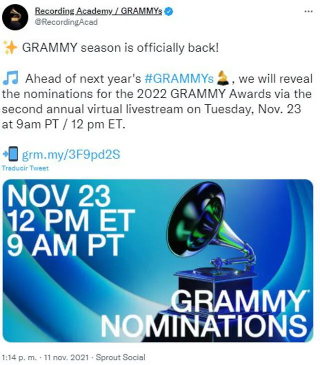 Nominaciones a los Grammys 2022. Foto: Twitter