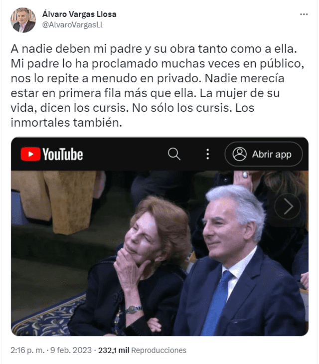  Álvaro Vargas Llosa defiende la presencia de su madre en ceremonia en París. Foto: Álvaro Vargas Llosa/Twitter   