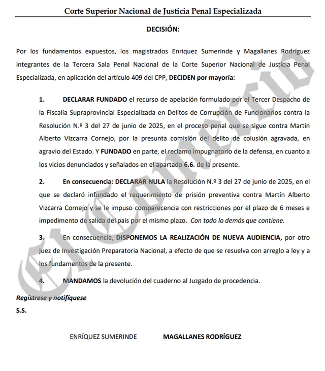 Comunicado de la Corte Superior Nacional de Justicia Penal Especializada.   