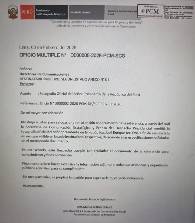 Oficio que dispone que foto de Jerí se coloque en la sede de los ministerios.Foto: X/Stefanie Medina   