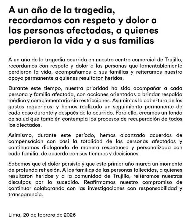 Pronunciamiento del Real Plaza a un año de la tragedia. Foto: Difusión   