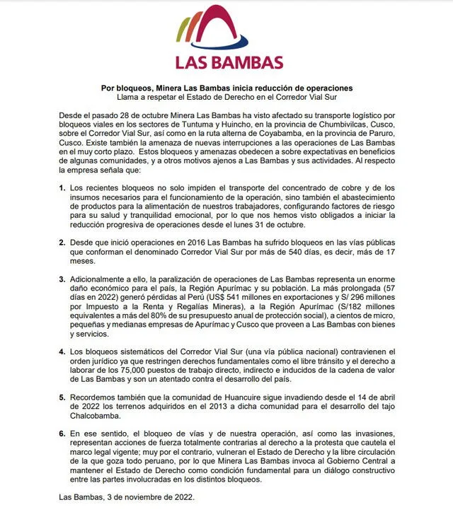 Comunicado de Las Bambas