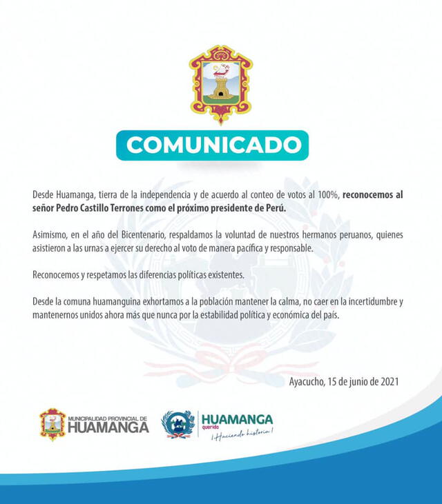 Ayacucho: municipio de Huamanga reconoce a Pedro Castillo como presidente electo