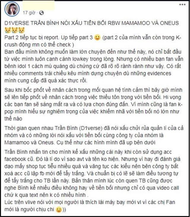 Tercera parte de la publicación de Q en Facebook (escrito en vietnamita) exponiendo a Tran Binh por difamar a MAMAMOO y ONEUS. Captura, 7 de abril, 2020.