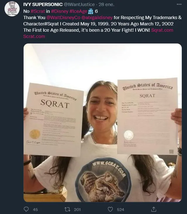 Ivy Supersonic ganó contra Disney y ha sido reconocida como autora de Scrat, personaje de La era del hielo. Foto: @IWantJustice