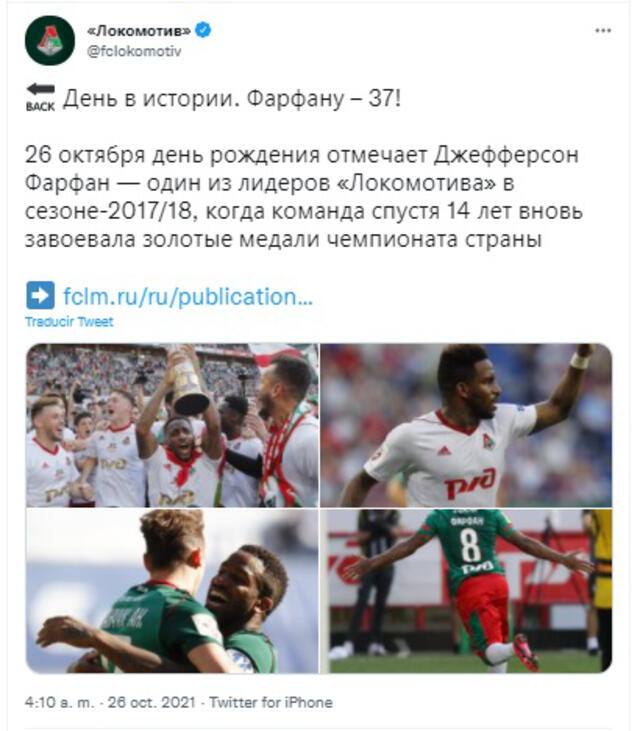 Lokomotiv Moscú saludó a Farfán en el día de su cumpleaños.