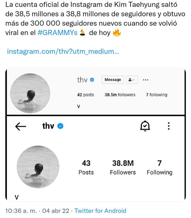 Taehyung de BTS Instagram Grammy 2022