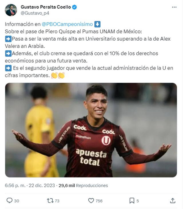 Piero Quispe no jugará para Universitario en el año del centenario. Foto: Twitter.   