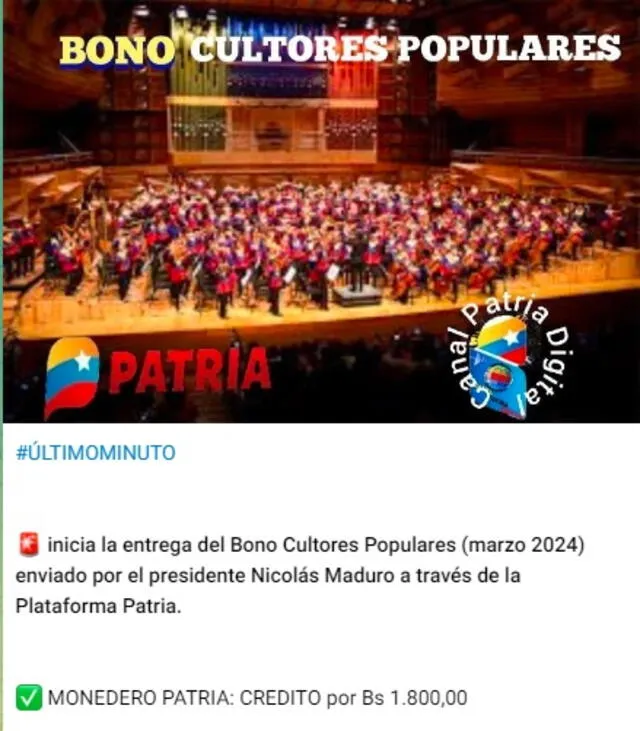 Bono Cultores Populares | bonos abril 2024 | Sistema Patria 