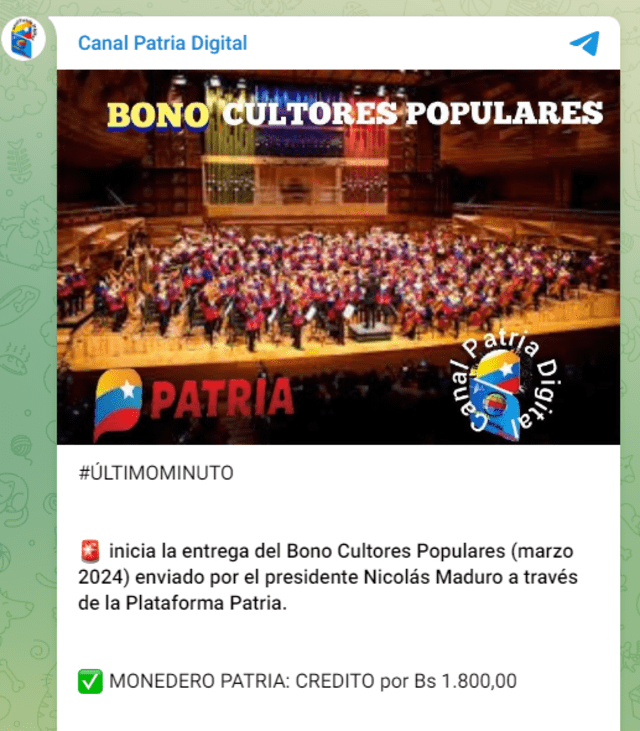 El Bono de Cultores Populares ya empezó a depositarse. Foto: Canal Patria Digital   