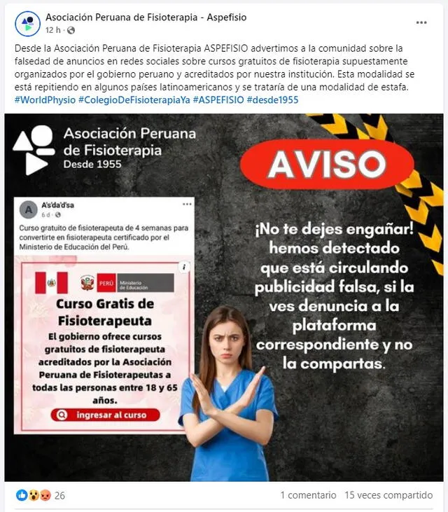 <em> La Aspefisio rechazó la autenticidad del anuncio y lo dio a conocer a través de un comunicado divulgado en redes sociales. Foto: captura de Facebook</em>   