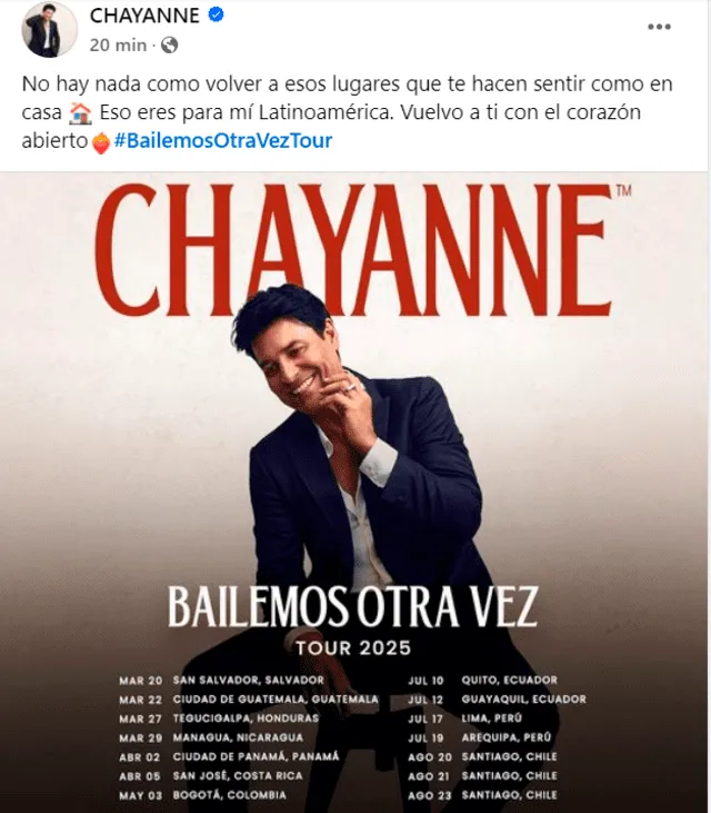 Chayanne expresó su felicidad por ampliar su gira 'Bailemos Otra Vez' a Latinoamérica. Foto: Facebook   