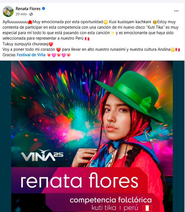 Renata Flores asegura que dará lo mejor de sí en festival chileno. Foto: Facebook   