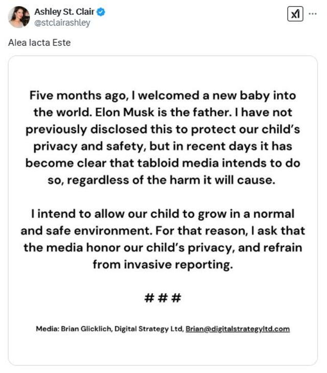  Ashley St. Clair confirma en X la paternidad de su hijo con Elon Musk. Foto: Captura de X   