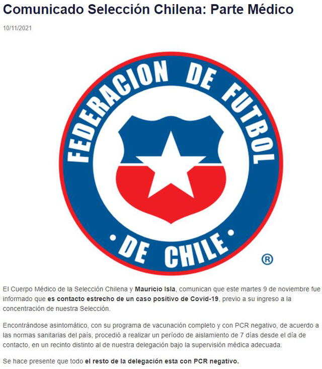 Comunicado de Chile sobre situación de Mauricio Isla