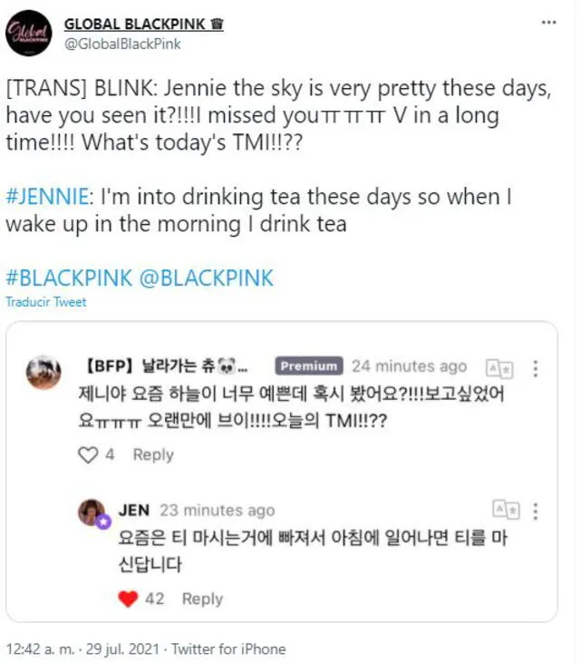 Respuesta de Jennie de BLACKPINK a un BLINK. Foto: captura CH+