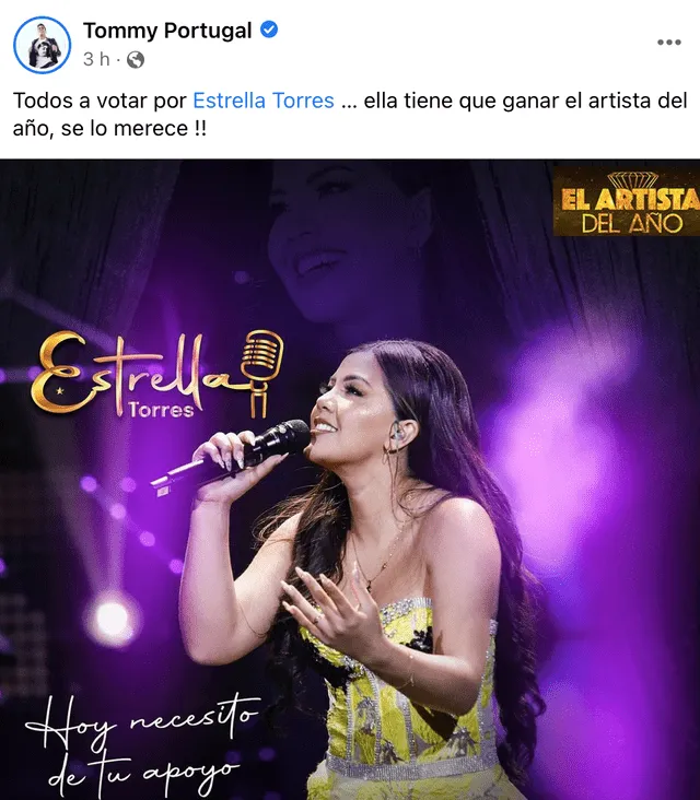 El cantante Tommy Portugal no dudó en apoyar a Estrella Torres y pidió a sus seguidores votar por ella en El artista del año. Foto: Composición/ Instagram