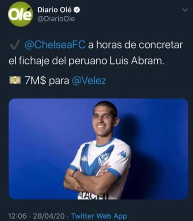 Diario Olé señaló el fichaje de Luis Abram al Chelsea. Foto: Twitter
