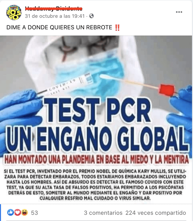 Publicación de Facebook presenta afirmaciones falsas sobre la prueba PCR. Foto: Captura.
