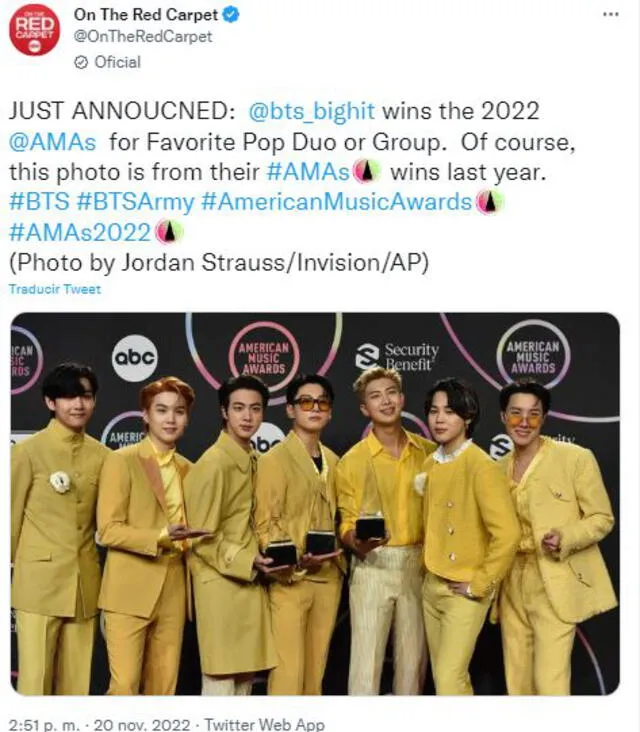 BTS ganó un premio en los AMAs 2022. Foto: ABC