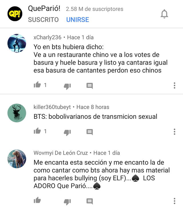 Comentarios ofensivos contra BTS dejados en el video de QueParió!. Captura YouTube, 26 de abril, 2020.