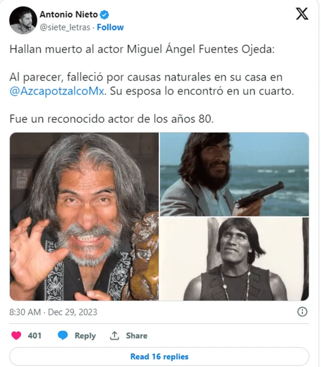 Publicación del periodista Antonio Nieto informando sobre la muerte de Miguel Ángel Fuentes en horas de la mañana del viernes 29. Foto: X   