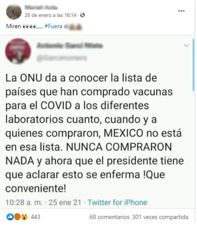 Viral dice que la ONU difundió una “lista” de países que compraron vacunas, donde no figura México. Foto:  captura en Facebook.