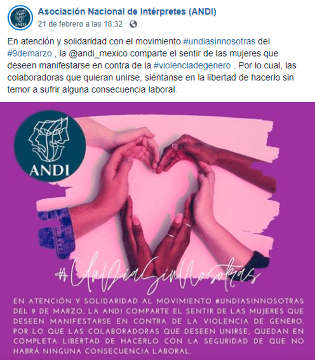 El mensaje de Facebook de la Asociación Nacional de Intérpretes (ANDI). (Foto: Captura)