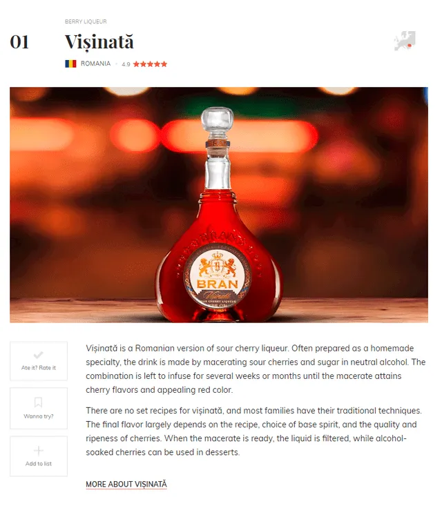  La visinata de Rumanía es la mejor bebida alcohólica del mundo, según Taste Atlas. Foto: Taste Atlas   