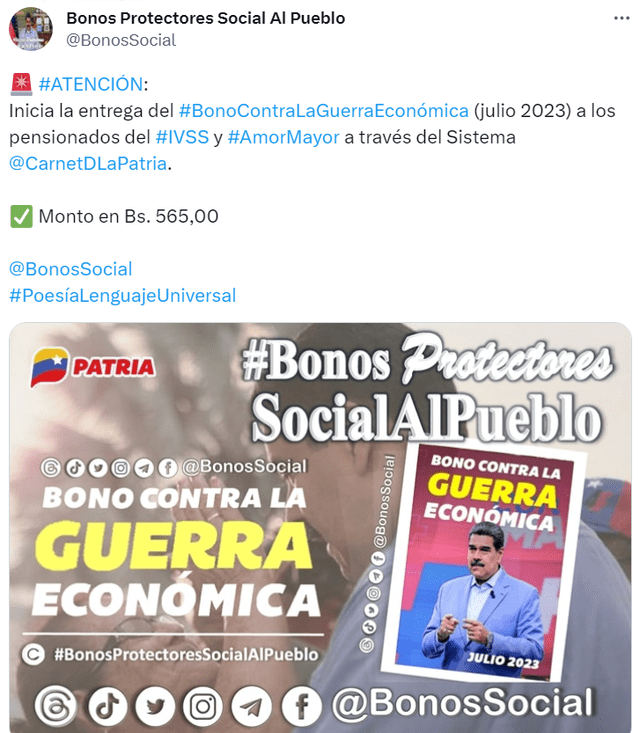 En el mes pasado, el pago del Bono de Guerra para los pensionados se anunció el 22 de julio. Foto: Bonos Social/Twitter